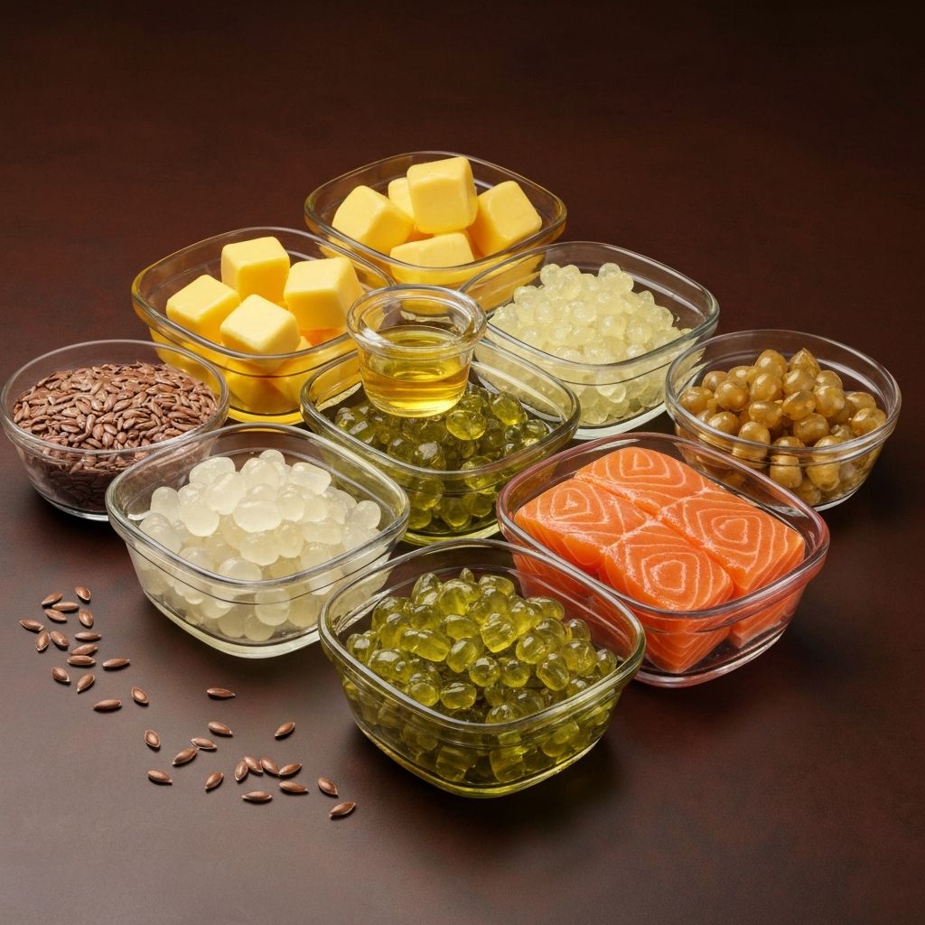 Verschiedene Arten von Fetten - Öle, Nüsse, Fisch